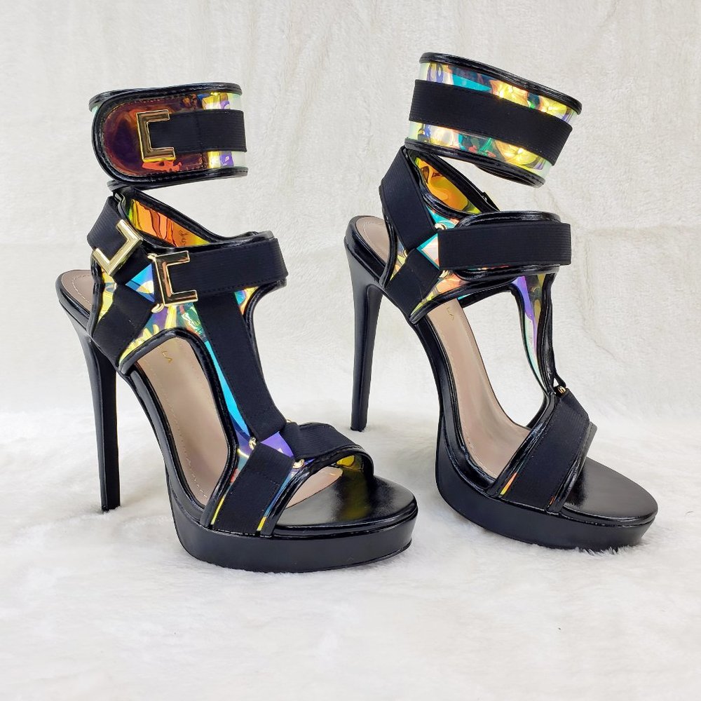 Sexy Mini Platform 5" High Heel Harness Strap Shoes Black - Picture 2 of 9